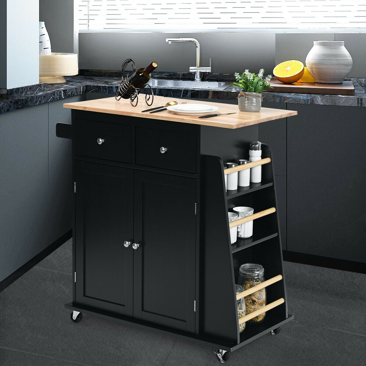 Rolling Kitchen Island Cart with Rubber Wood Countertop and Storage Drawers - Black
