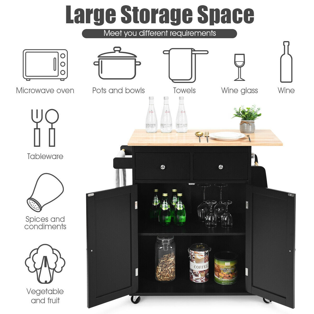 Rolling Kitchen Island Cart with Rubber Wood Countertop and Storage Drawers - Black