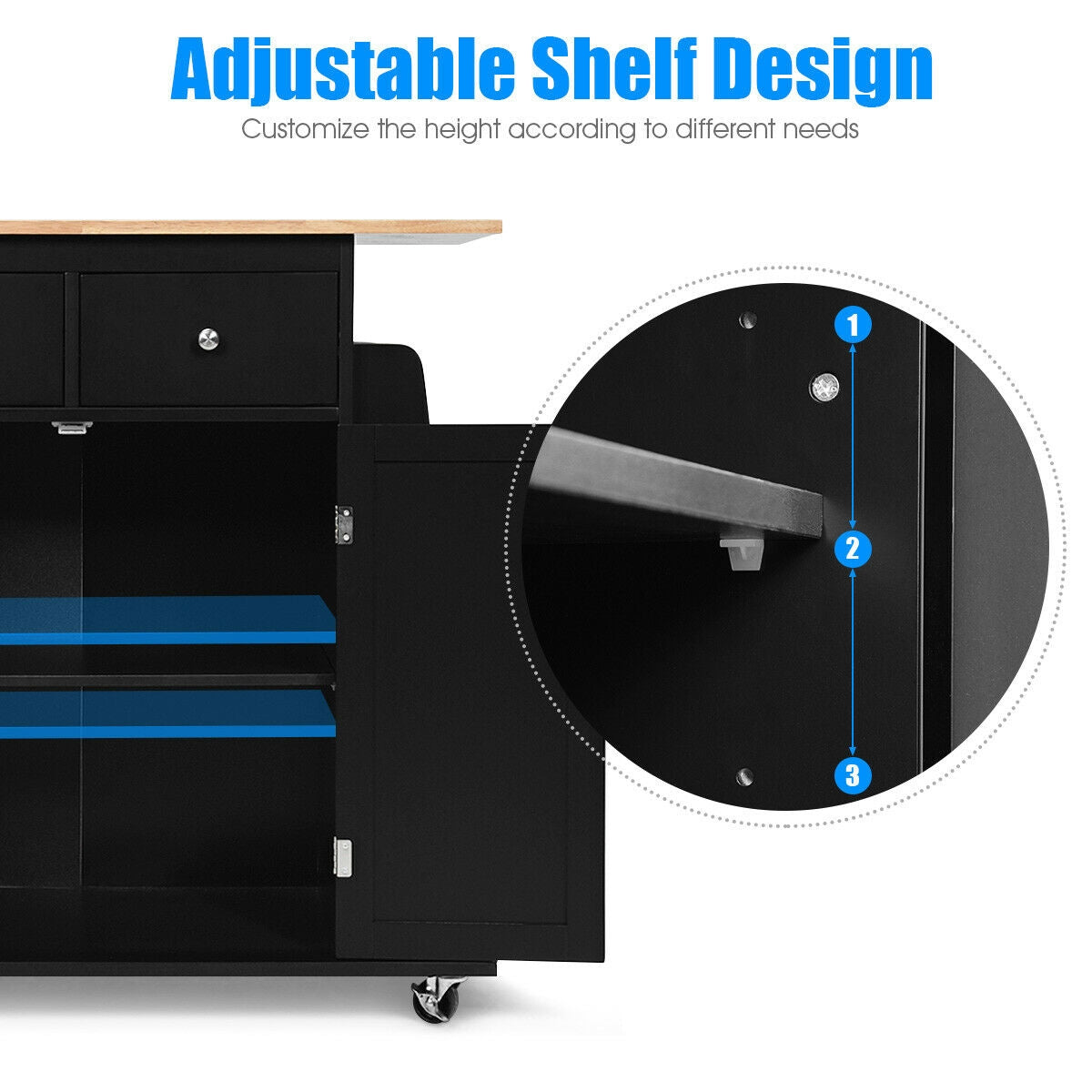 Rolling Kitchen Island Cart with Rubber Wood Countertop and Storage Drawers - Black