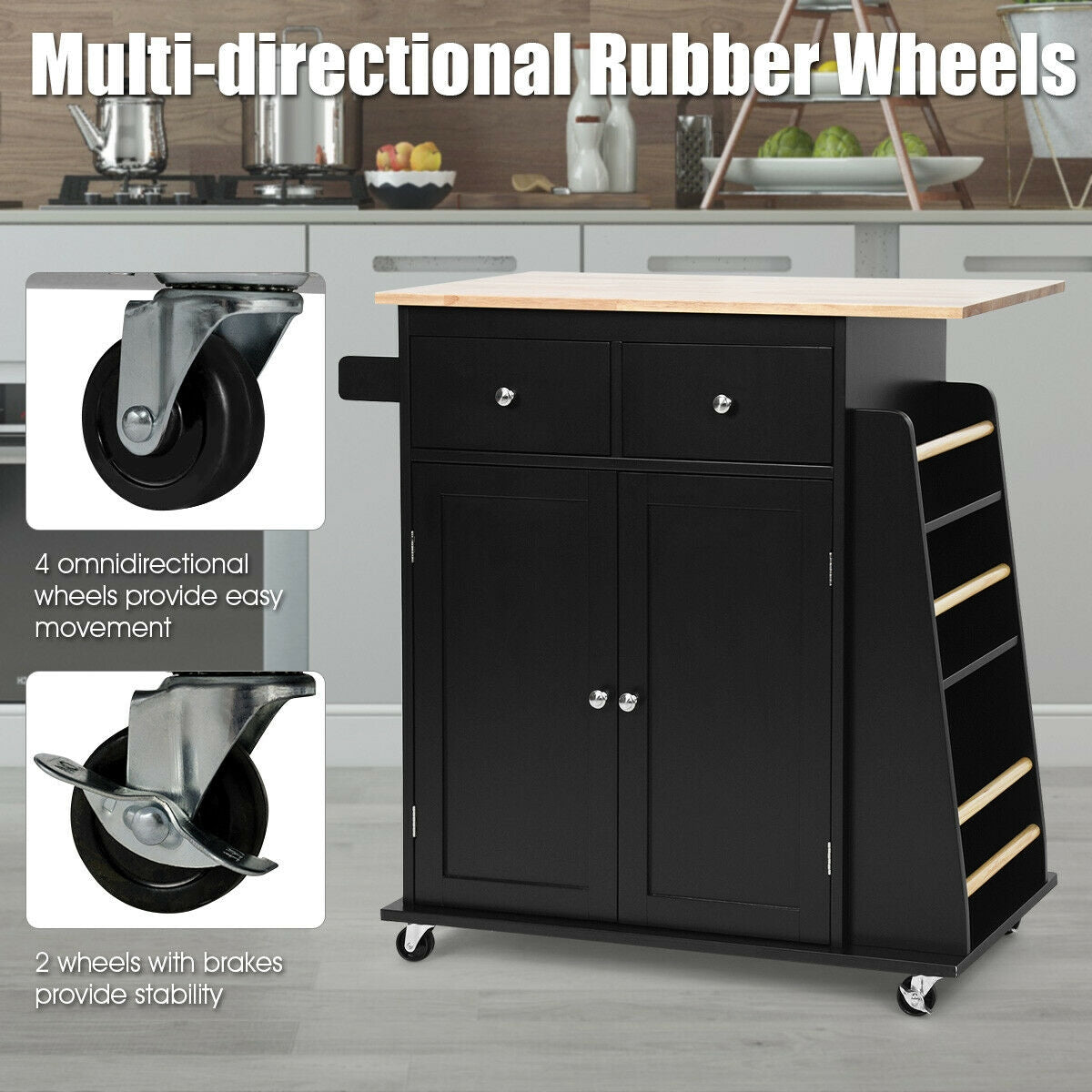 Rolling Kitchen Island Cart with Rubber Wood Countertop and Storage Drawers - Black