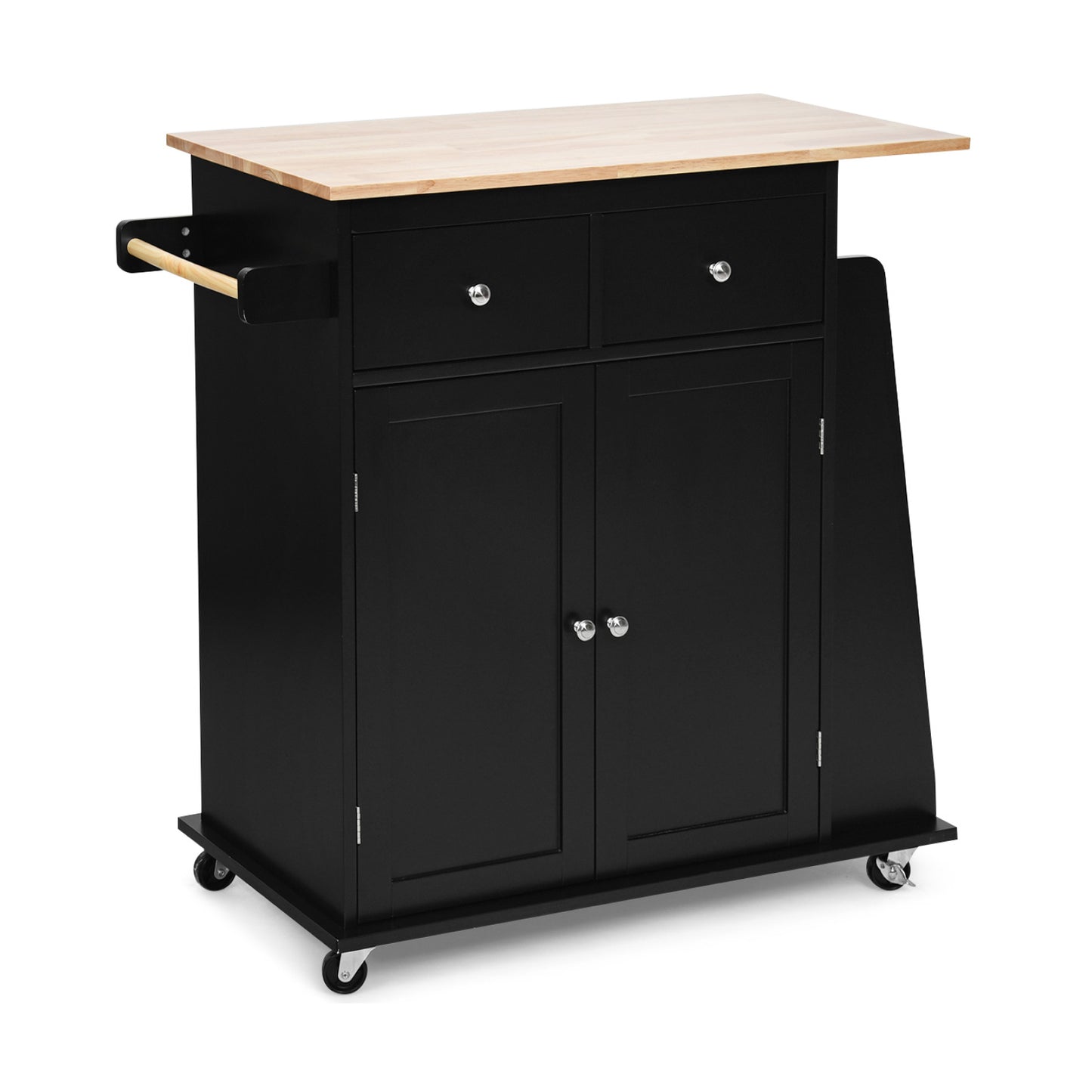 Rolling Kitchen Island Cart with Rubber Wood Countertop and Storage Drawers - Black