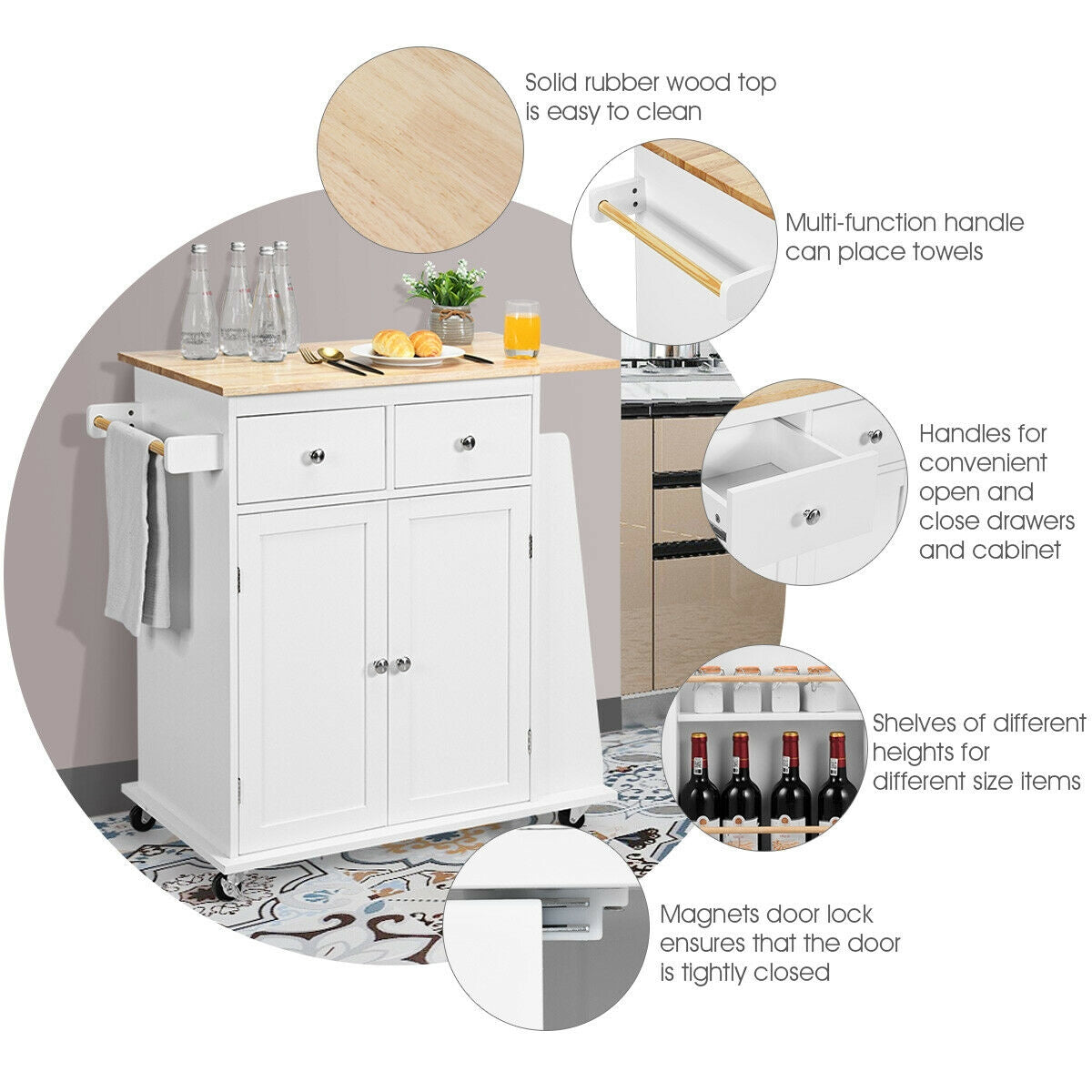 Rolling Kitchen Island Cart with Rubber Wood Countertop and Storage Drawers - White
