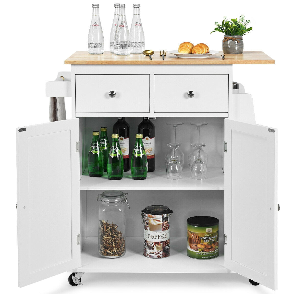 Rolling Kitchen Island Cart with Rubber Wood Countertop and Storage Drawers - White