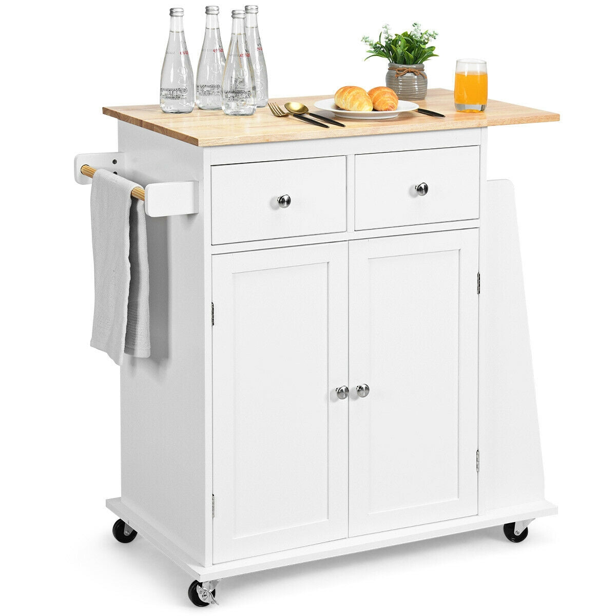 Rolling Kitchen Island Cart with Rubber Wood Countertop and Storage Drawers - White