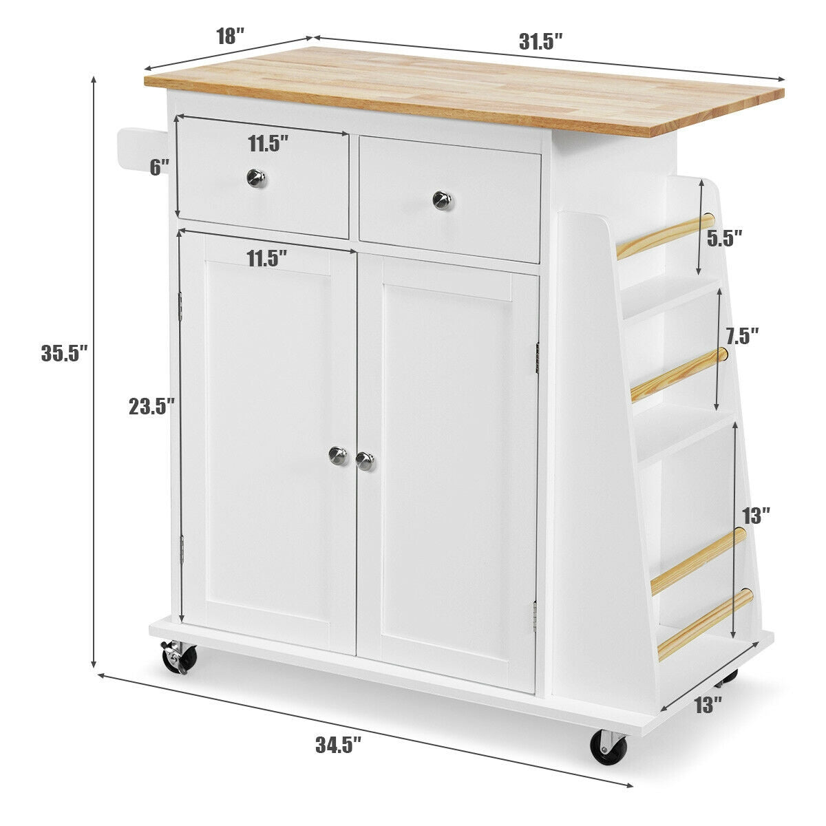 Rolling Kitchen Island Cart with Rubber Wood Countertop and Storage Drawers - White