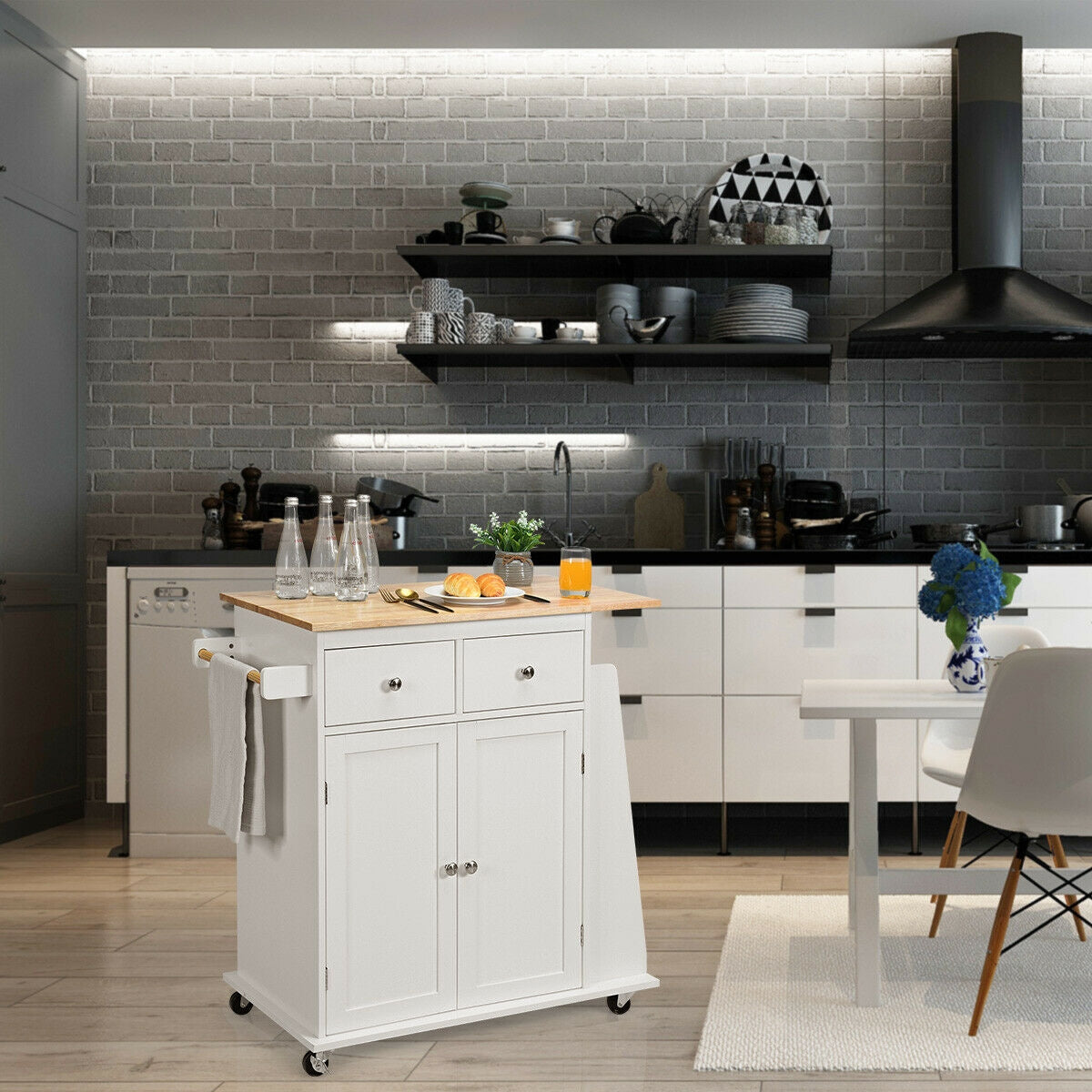 Rolling Kitchen Island Cart with Rubber Wood Countertop and Storage Drawers - White