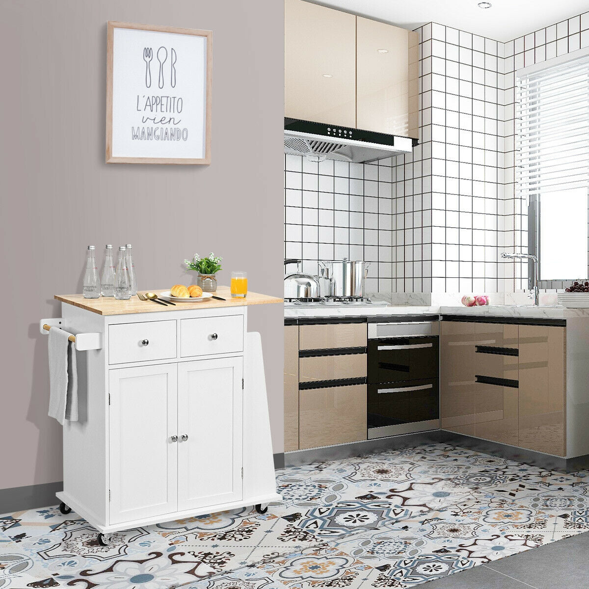 Rolling Kitchen Island Cart with Rubber Wood Countertop and Storage Drawers - White