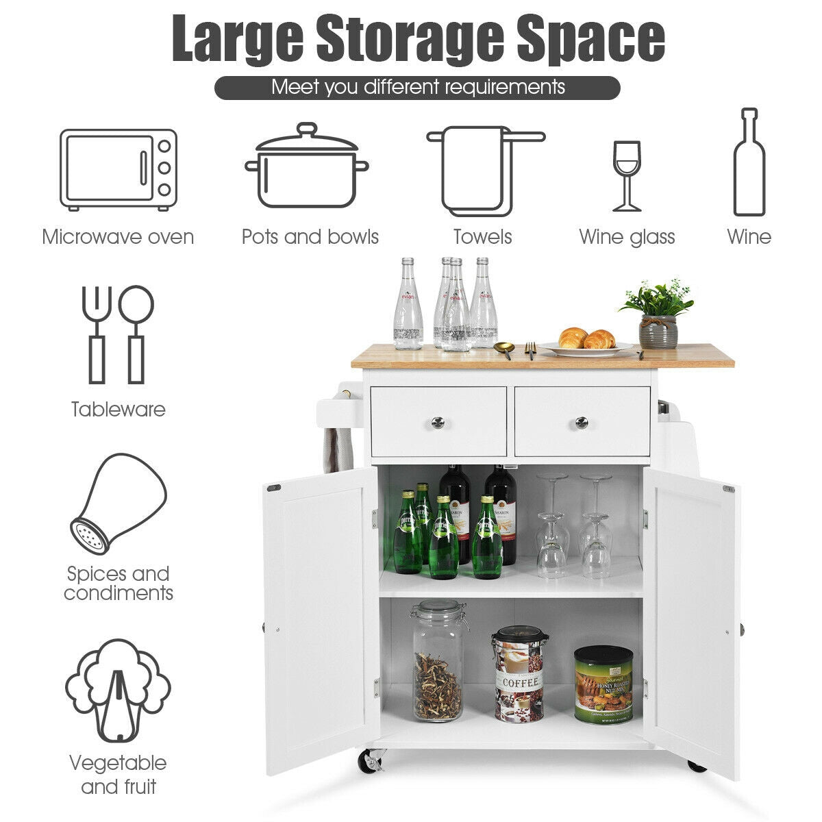 Rolling Kitchen Island Cart with Rubber Wood Countertop and Storage Drawers - White