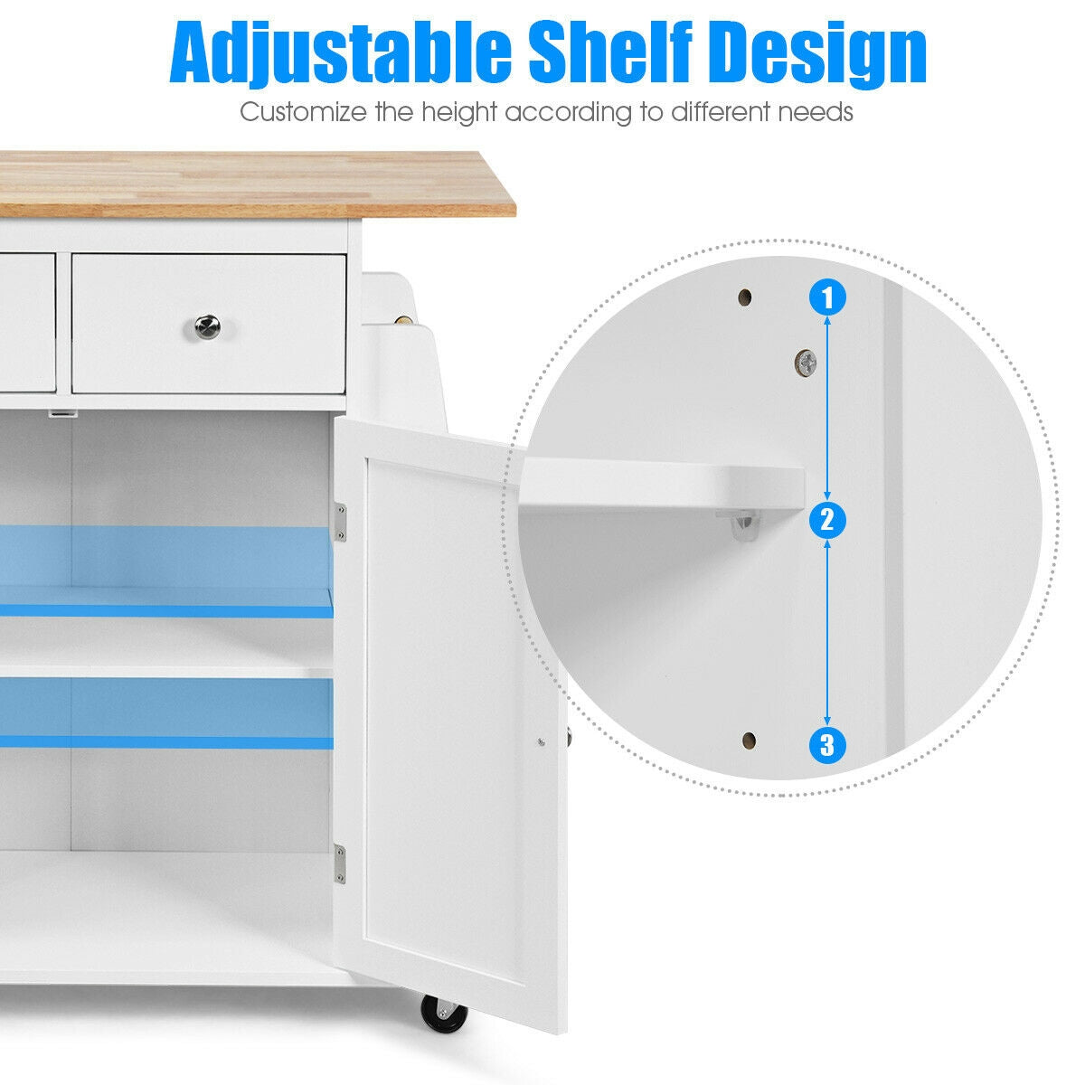 Rolling Kitchen Island Cart with Rubber Wood Countertop and Storage Drawers - White