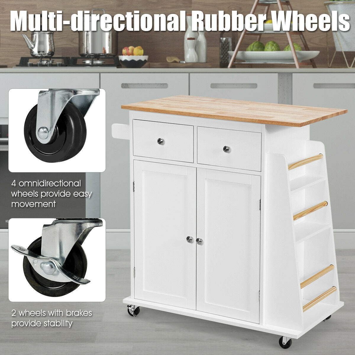 Rolling Kitchen Island Cart with Rubber Wood Countertop and Storage Drawers - White