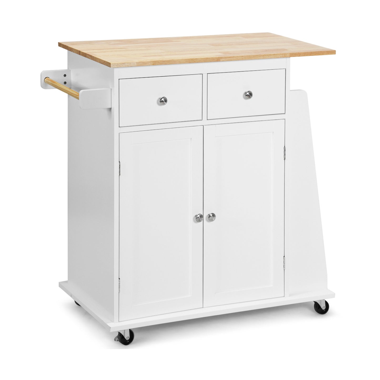 Rolling Kitchen Island Cart with Rubber Wood Countertop and Storage Drawers - White