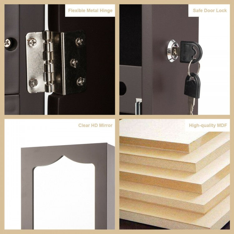 Wall Mounted Jewelry Armoire with Full Length Mirror, LED Lights, Lock and 6 Drawers – Coffee