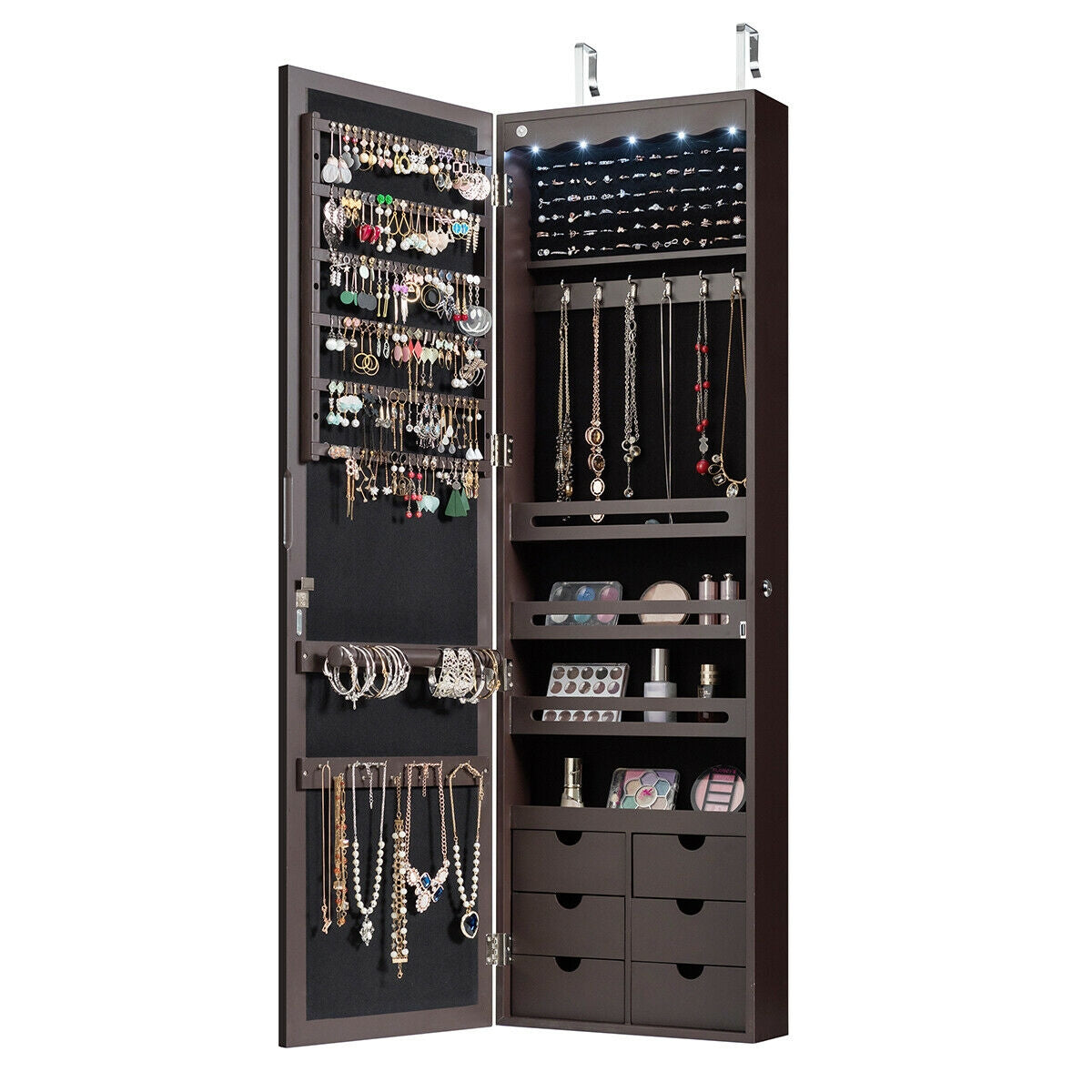 Wall Mounted Jewelry Armoire with Full Length Mirror, LED Lights, Lock and 6 Drawers – Coffee