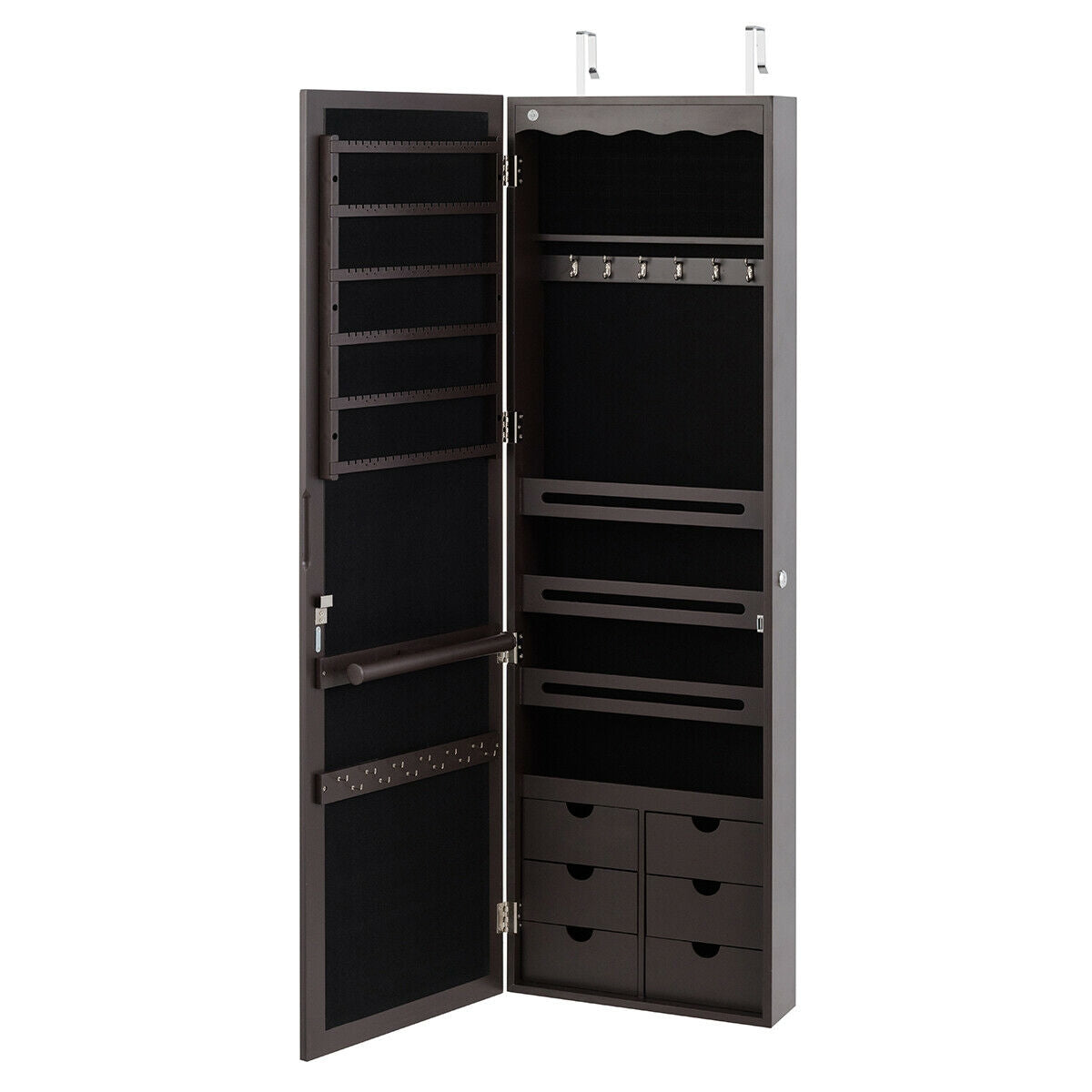 Wall Mounted Jewelry Armoire with Full Length Mirror, LED Lights, Lock and 6 Drawers – Coffee