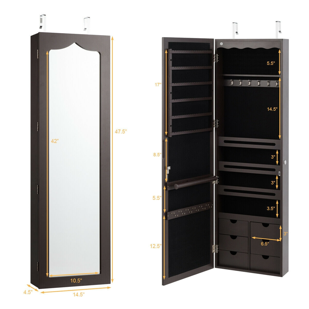 Wall Mounted Jewelry Armoire with Full Length Mirror, LED Lights, Lock and 6 Drawers – Coffee