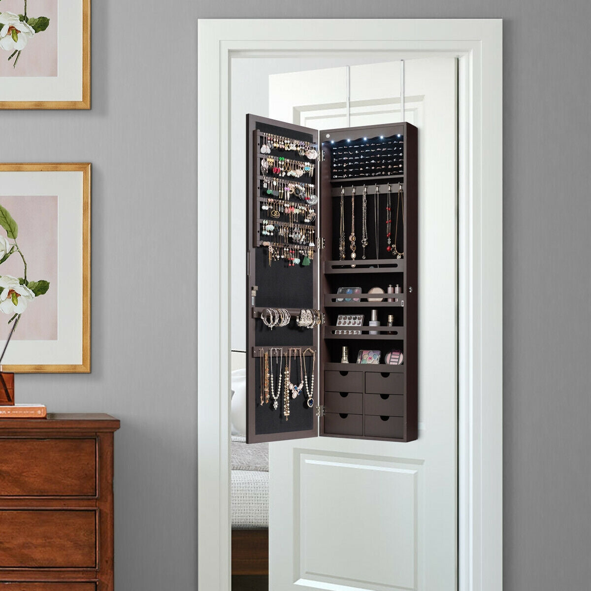 Wall Mounted Jewelry Armoire with Full Length Mirror, LED Lights, Lock and 6 Drawers – Coffee