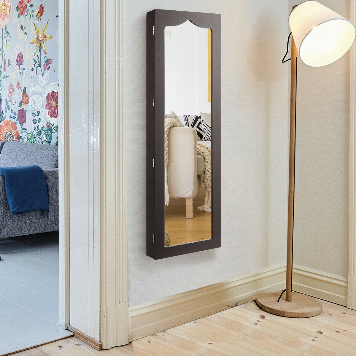 Wall Mounted Jewelry Armoire with Full Length Mirror, LED Lights, Lock and 6 Drawers – Coffee