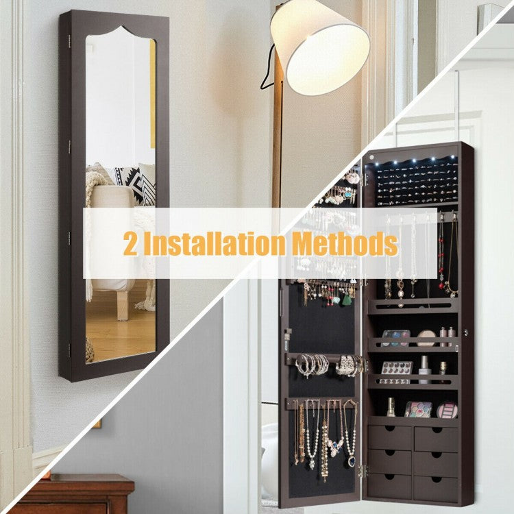 Wall Mounted Jewelry Armoire with Full Length Mirror, LED Lights, Lock and 6 Drawers – Coffee