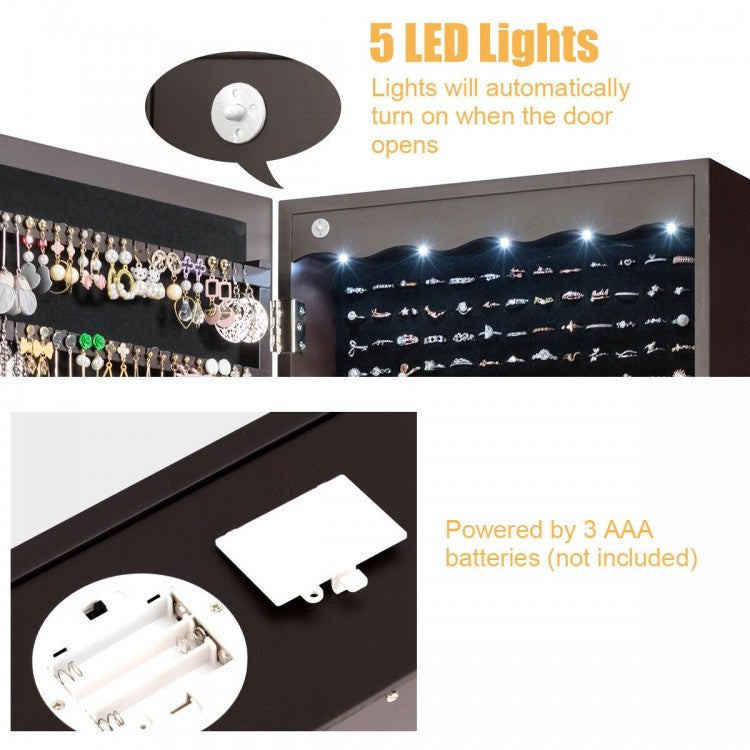 Wall Mounted Jewelry Armoire with Full Length Mirror, LED Lights, Lock and 6 Drawers – Coffee
