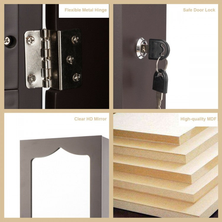 Wall or Door Mounted Mirrored Jewelry Armoire with Full-Length Mirror and 6 Drawers – Brown