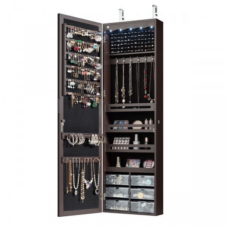 Wall or Door Mounted Mirrored Jewelry Armoire with Full-Length Mirror and 6 Drawers – Brown