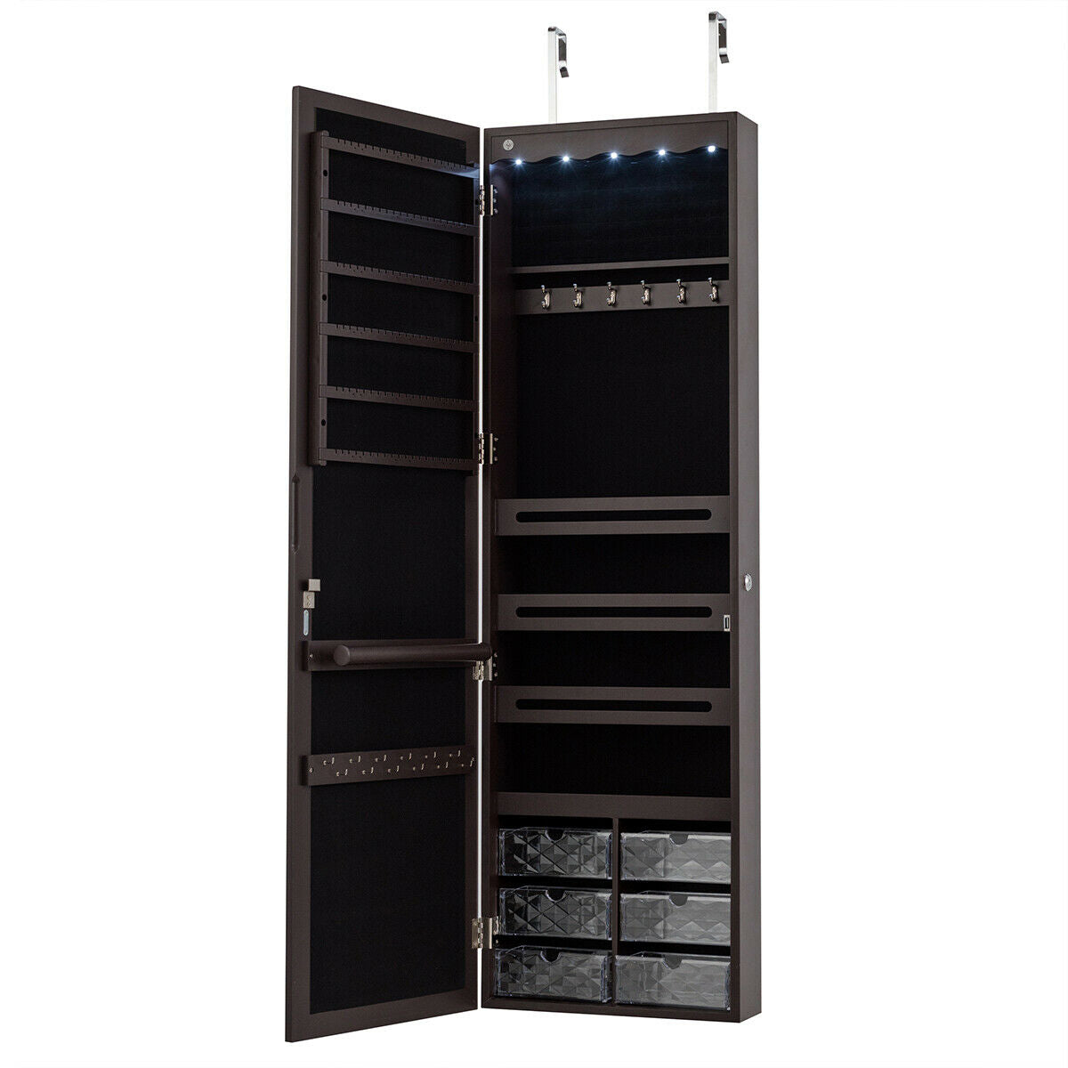 Wall or Door Mounted Mirrored Jewelry Armoire with Full-Length Mirror and 6 Drawers – Brown