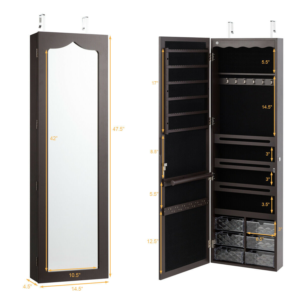 Wall or Door Mounted Mirrored Jewelry Armoire with Full-Length Mirror and 6 Drawers – Brown