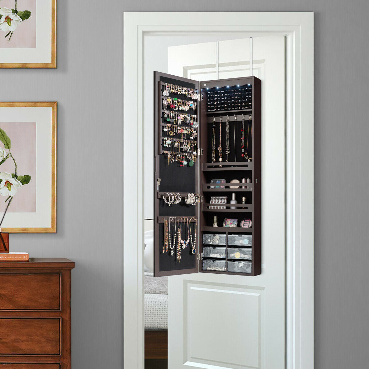 Wall or Door Mounted Mirrored Jewelry Armoire with Full-Length Mirror and 6 Drawers – Brown