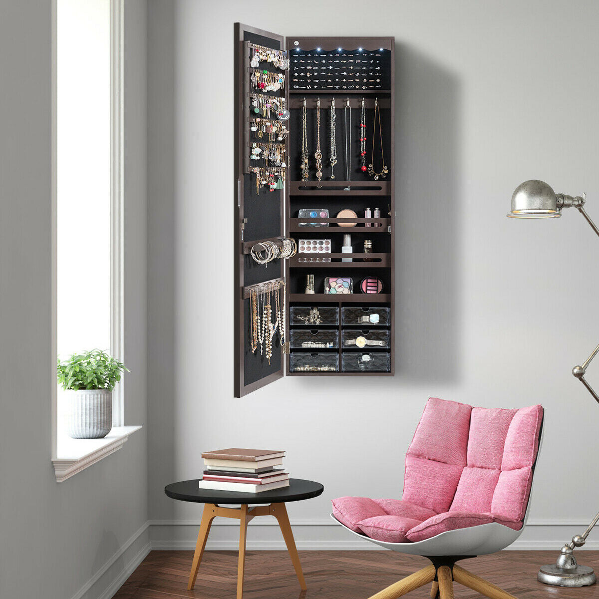 Wall or Door Mounted Mirrored Jewelry Armoire with Full-Length Mirror and 6 Drawers – Brown