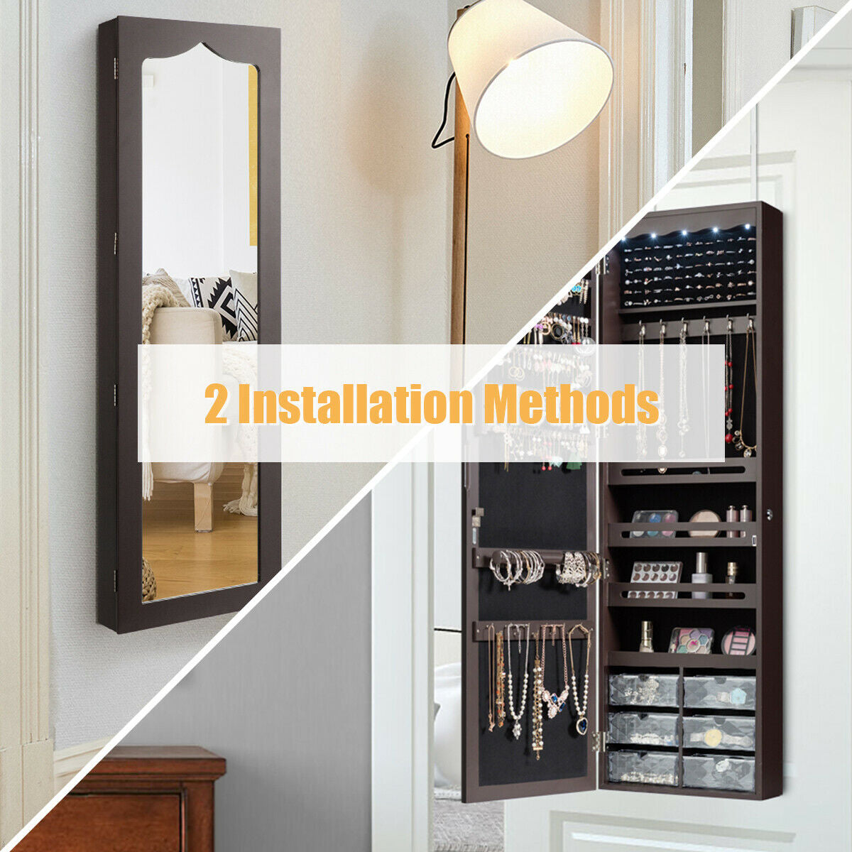 Wall or Door Mounted Mirrored Jewelry Armoire with Full-Length Mirror and 6 Drawers – Brown