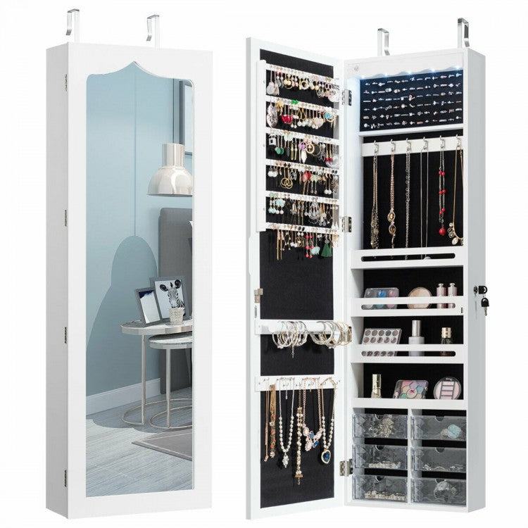 Wall or Door Mounted Mirrored Jewelry Armoire with Full-Length Mirror and 6 Drawers – White