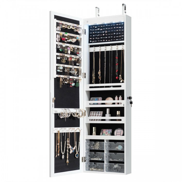 Wall or Door Mounted Mirrored Jewelry Armoire with Full-Length Mirror and 6 Drawers – White