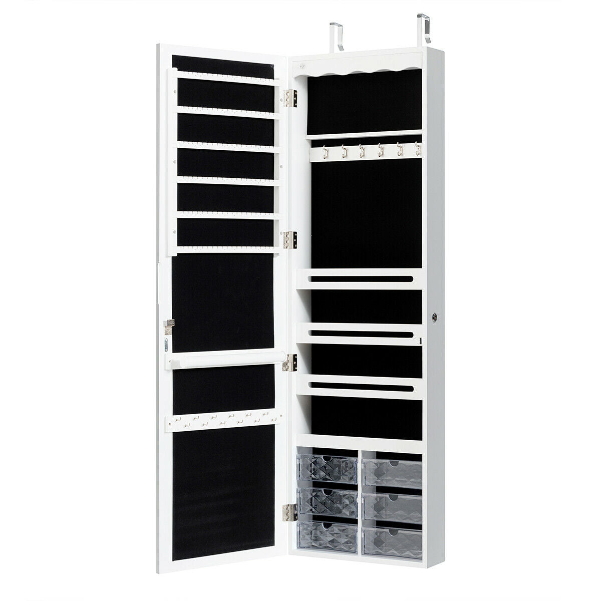 Wall or Door Mounted Mirrored Jewelry Armoire with Full-Length Mirror and 6 Drawers – White