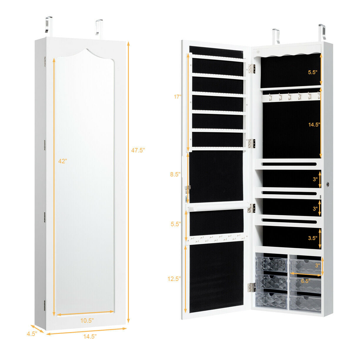 Wall or Door Mounted Mirrored Jewelry Armoire with Full-Length Mirror and 6 Drawers – White