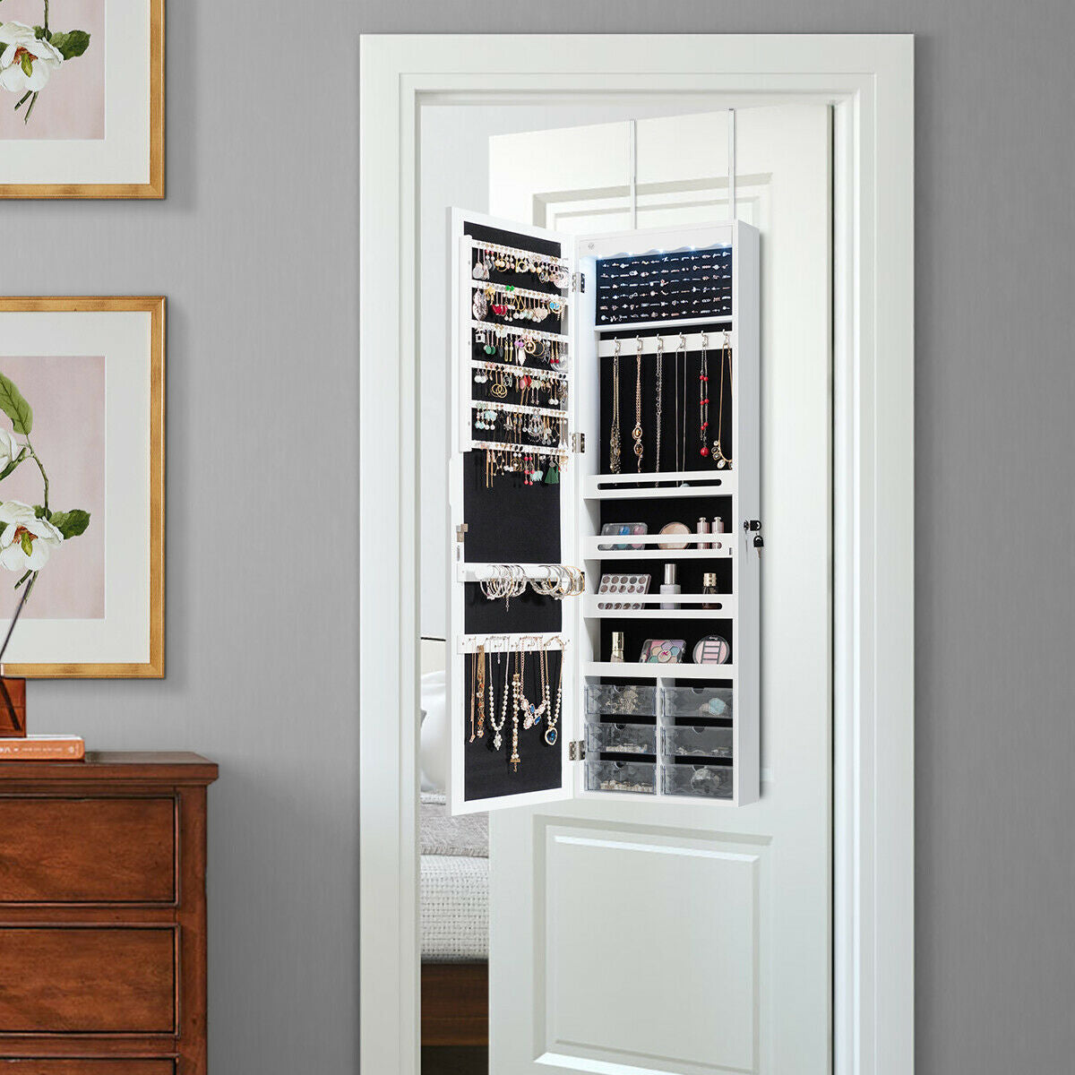 Wall or Door Mounted Mirrored Jewelry Armoire with Full-Length Mirror and 6 Drawers – White