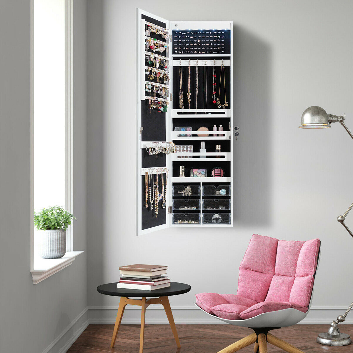 Wall or Door Mounted Mirrored Jewelry Armoire with Full-Length Mirror and 6 Drawers – White