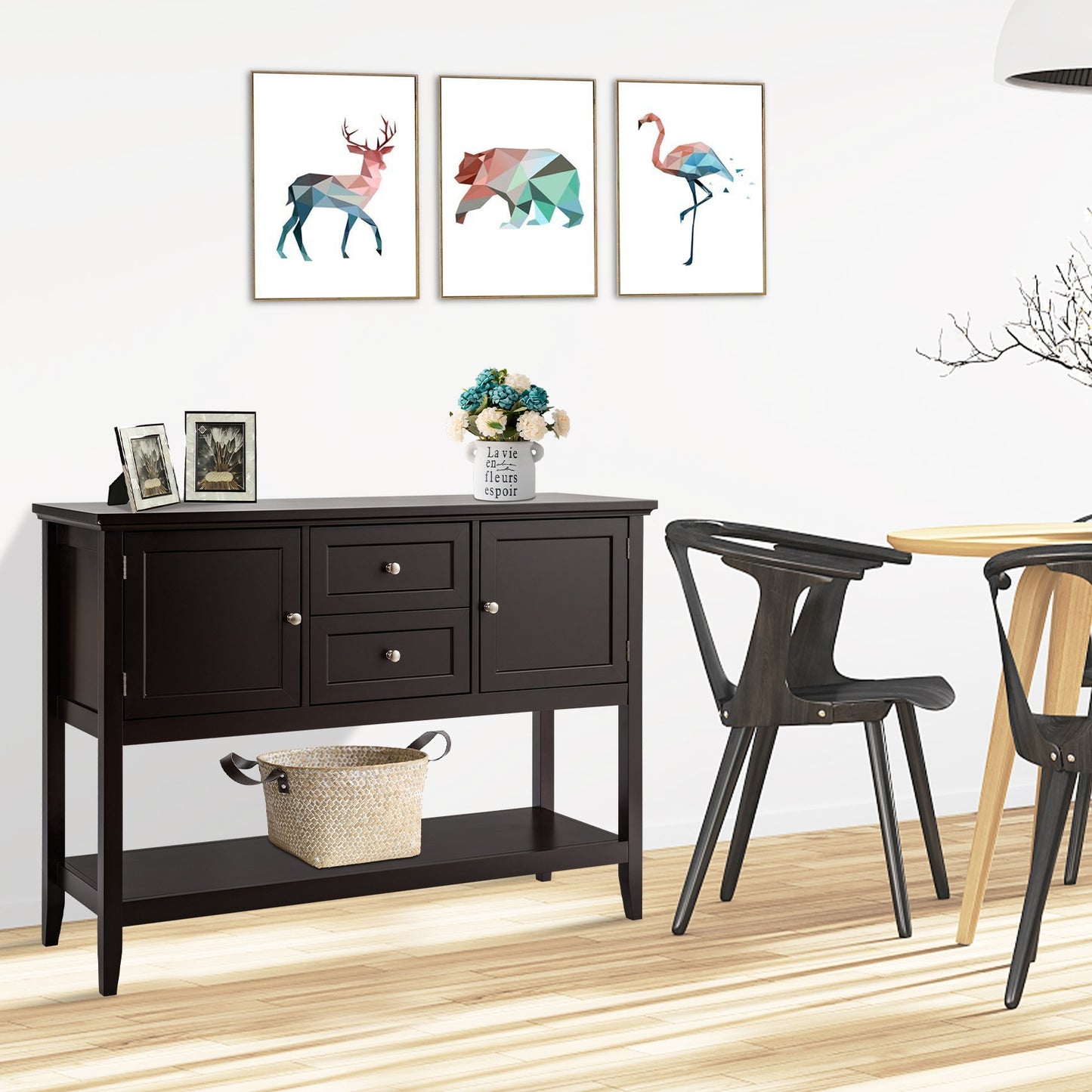 Modern Console Sideboard Table with Open Shelf and Drawers - Brown
