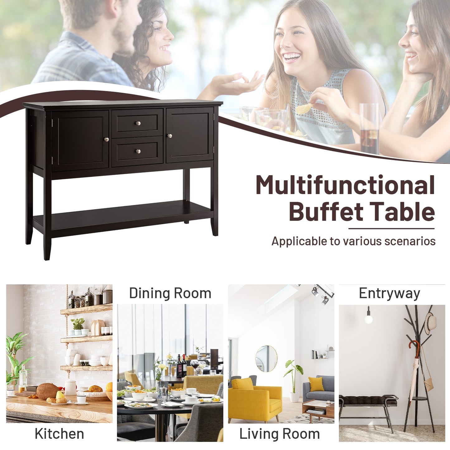Modern Console Sideboard Table with Open Shelf and Drawers - Brown