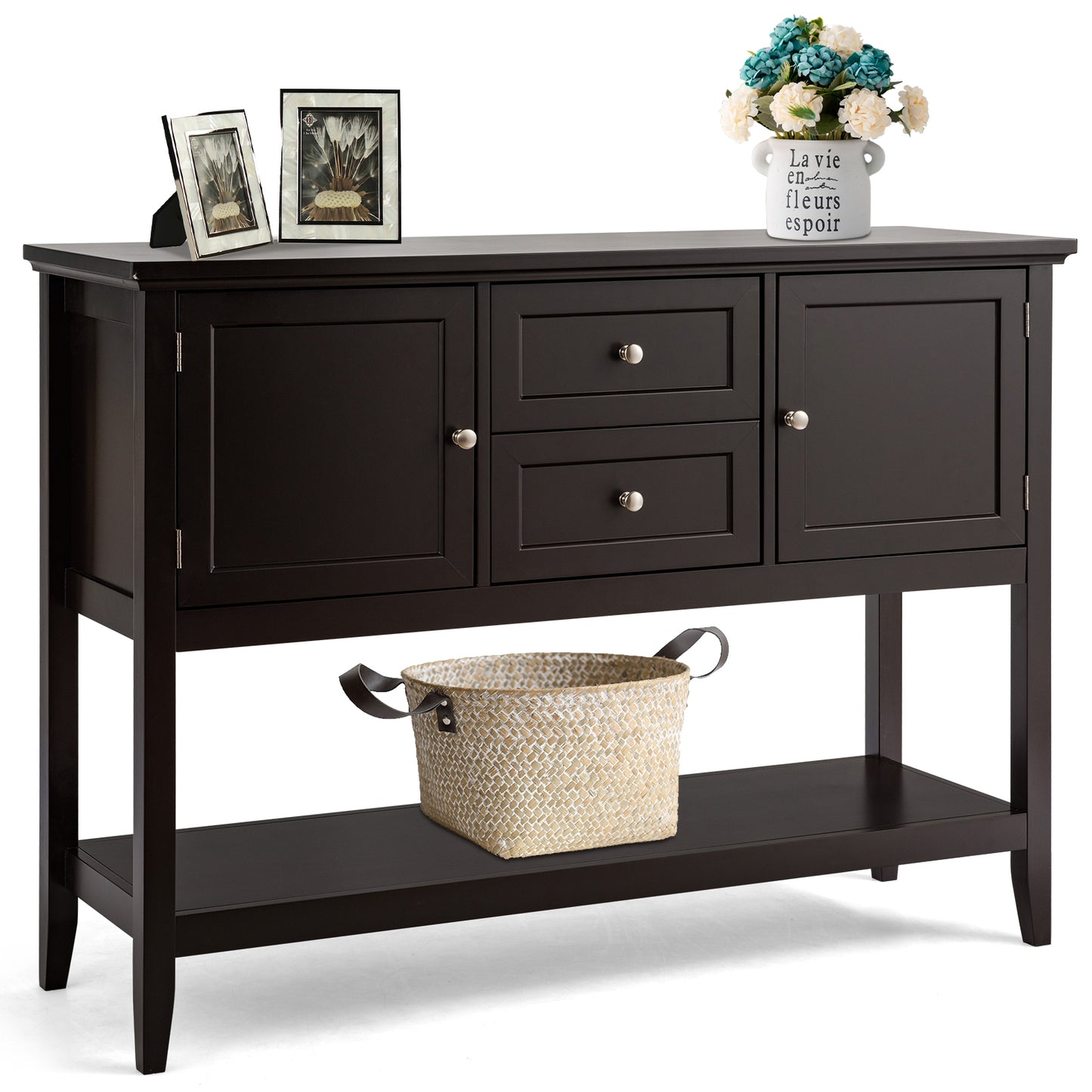 Modern Console Sideboard Table with Open Shelf and Drawers - Brown
