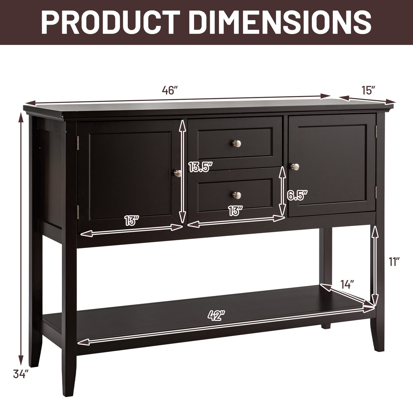 Modern Console Sideboard Table with Open Shelf and Drawers - Brown