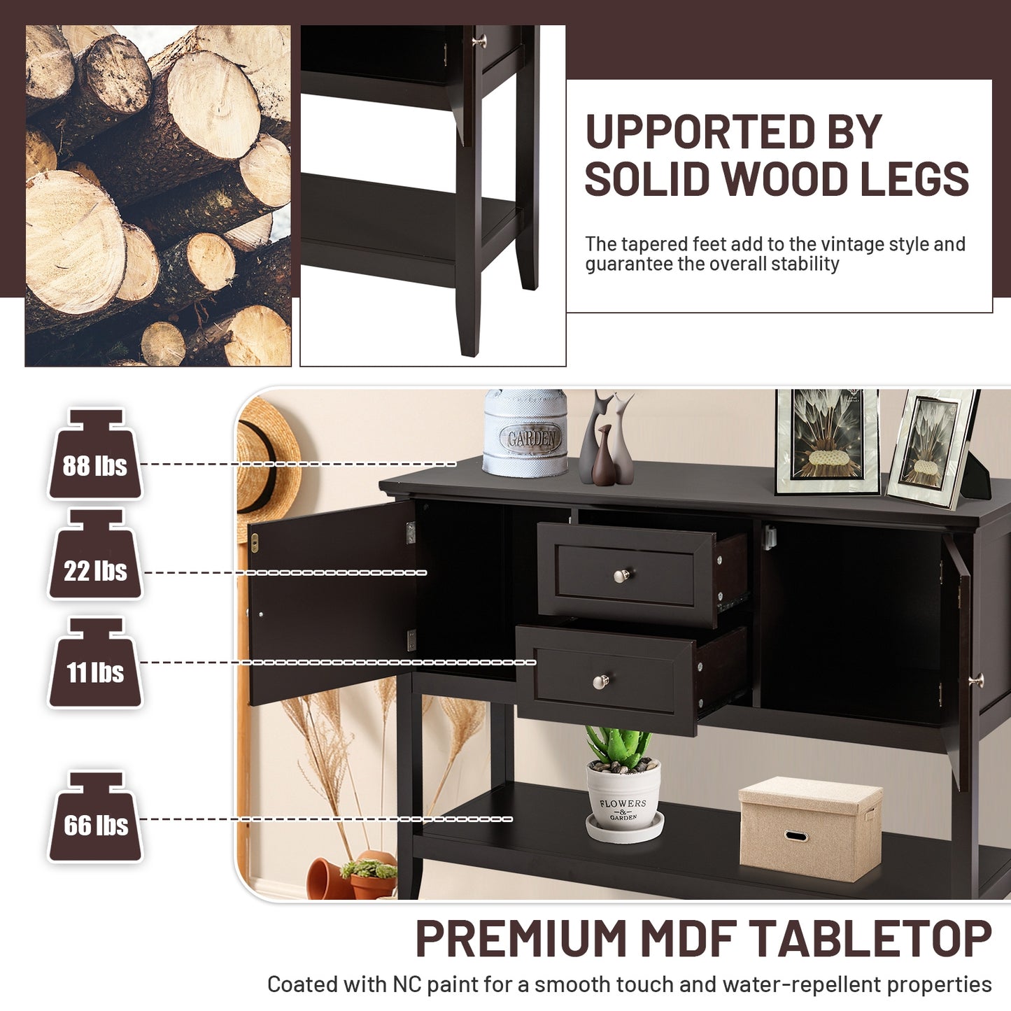 Modern Console Sideboard Table with Open Shelf and Drawers - Brown