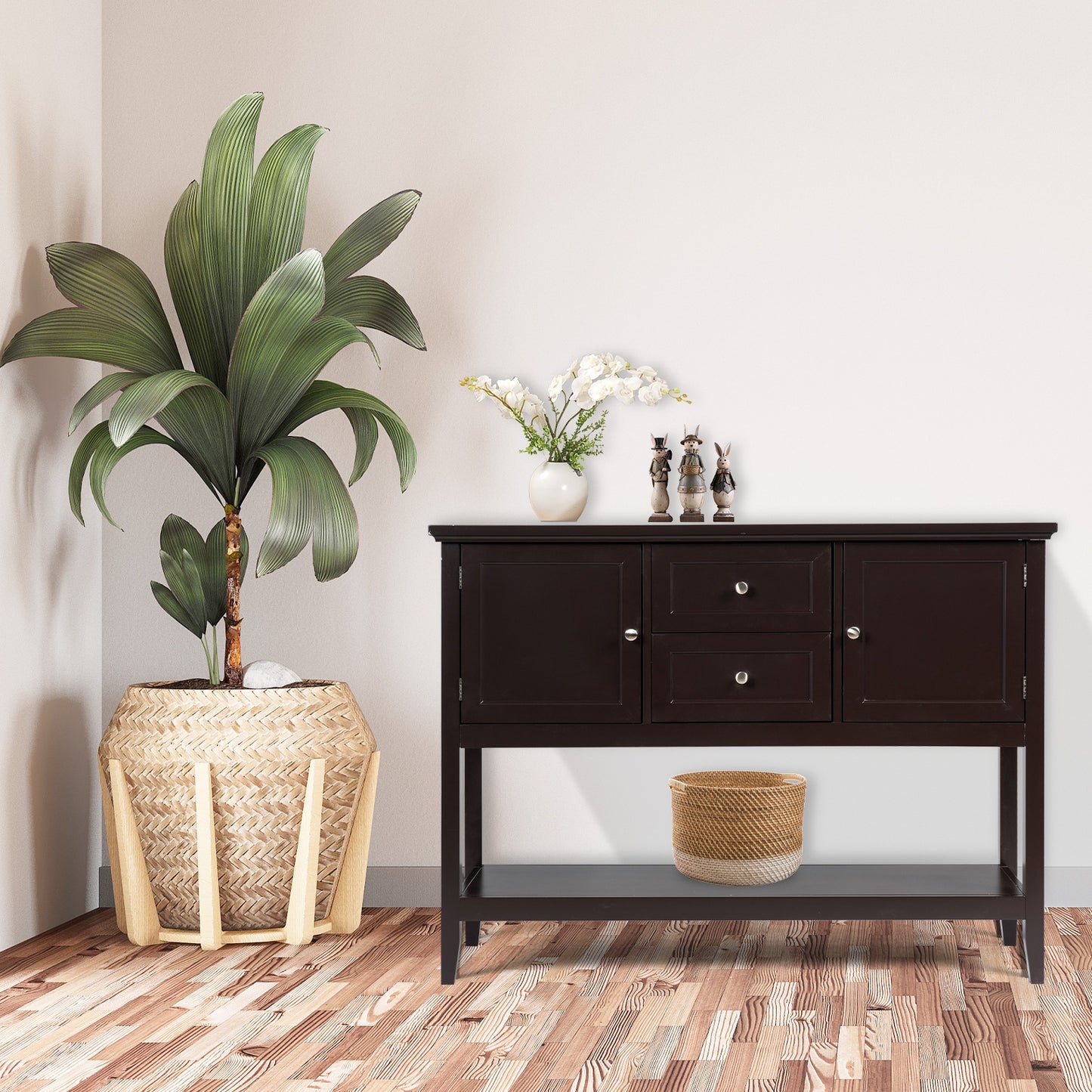 Modern Console Sideboard Table with Open Shelf and Drawers - Brown