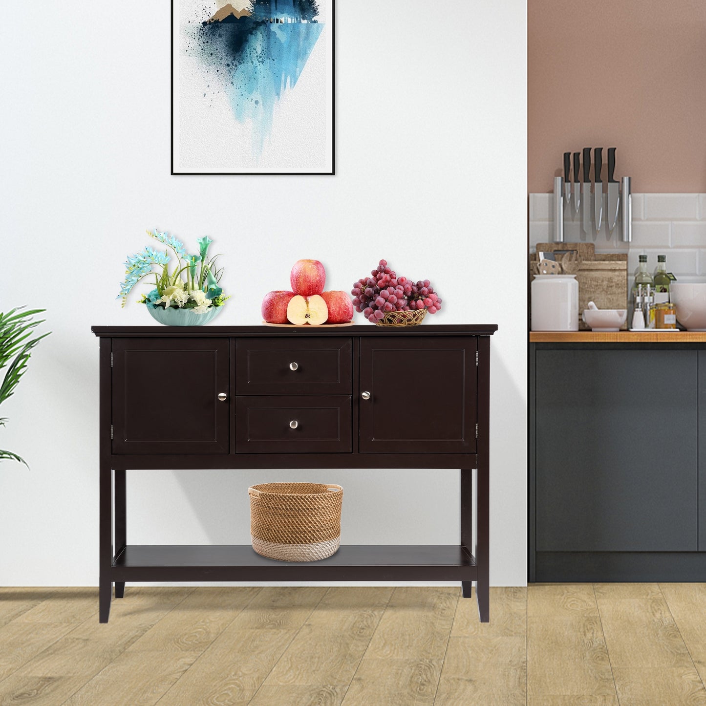 Modern Console Sideboard Table with Open Shelf and Drawers - Brown