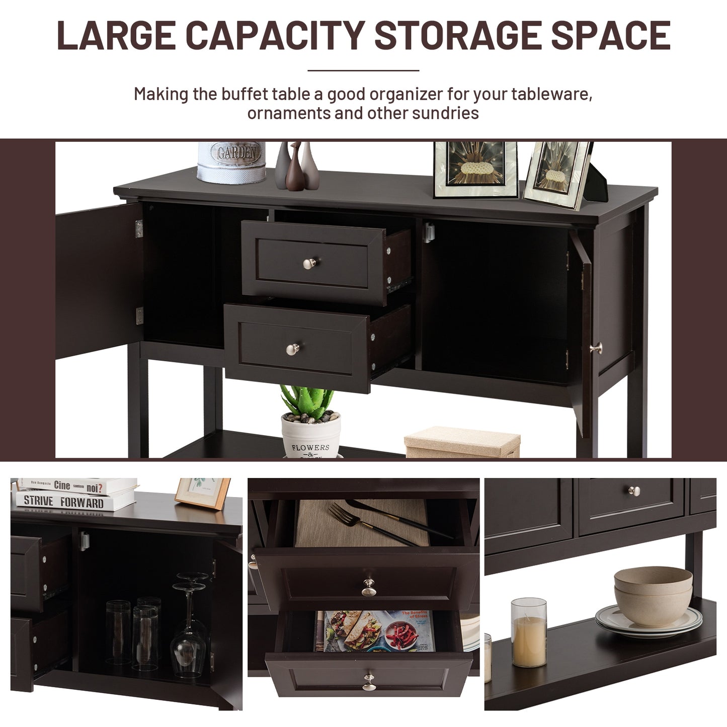 Modern Console Sideboard Table with Open Shelf and Drawers - Brown
