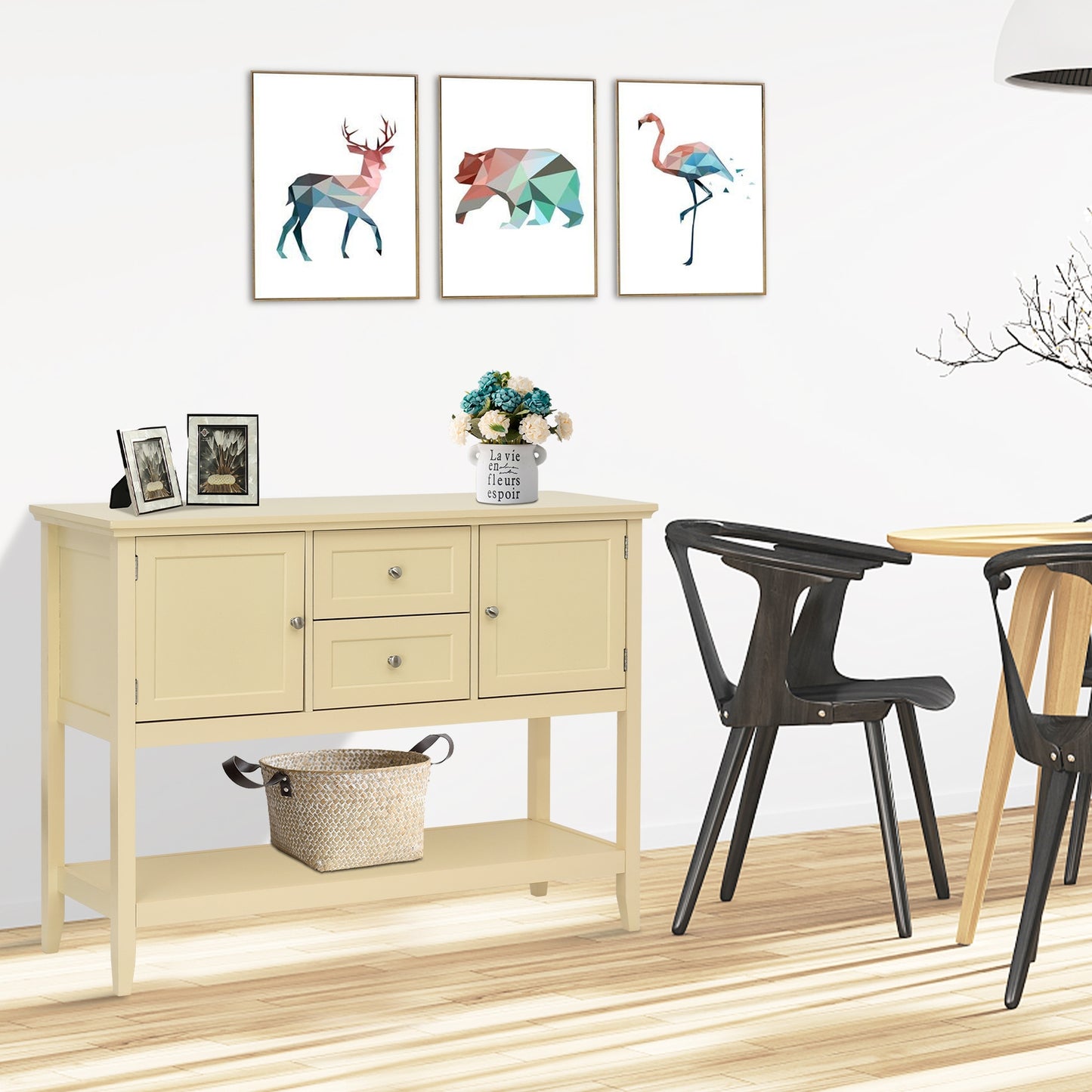 Modern Console Sideboard Table with Open Shelf and Drawers - Beige