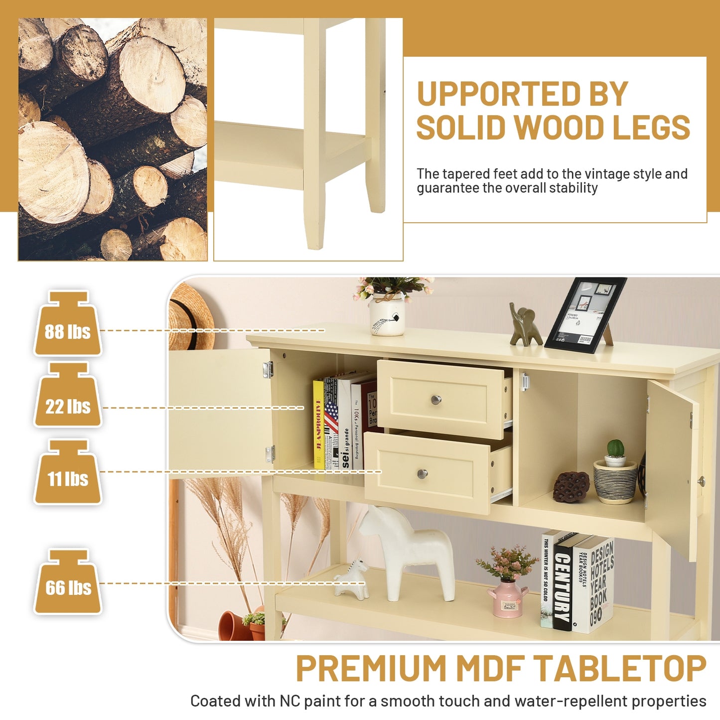 Modern Console Sideboard Table with Open Shelf and Drawers - Beige