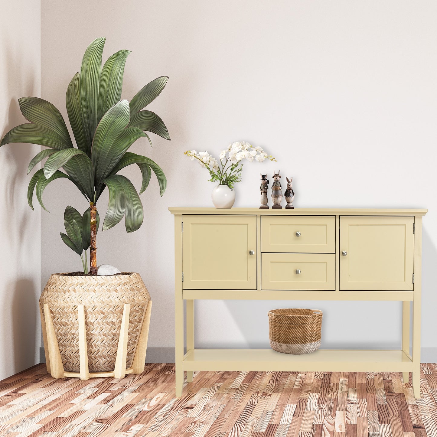 Modern Console Sideboard Table with Open Shelf and Drawers - Beige
