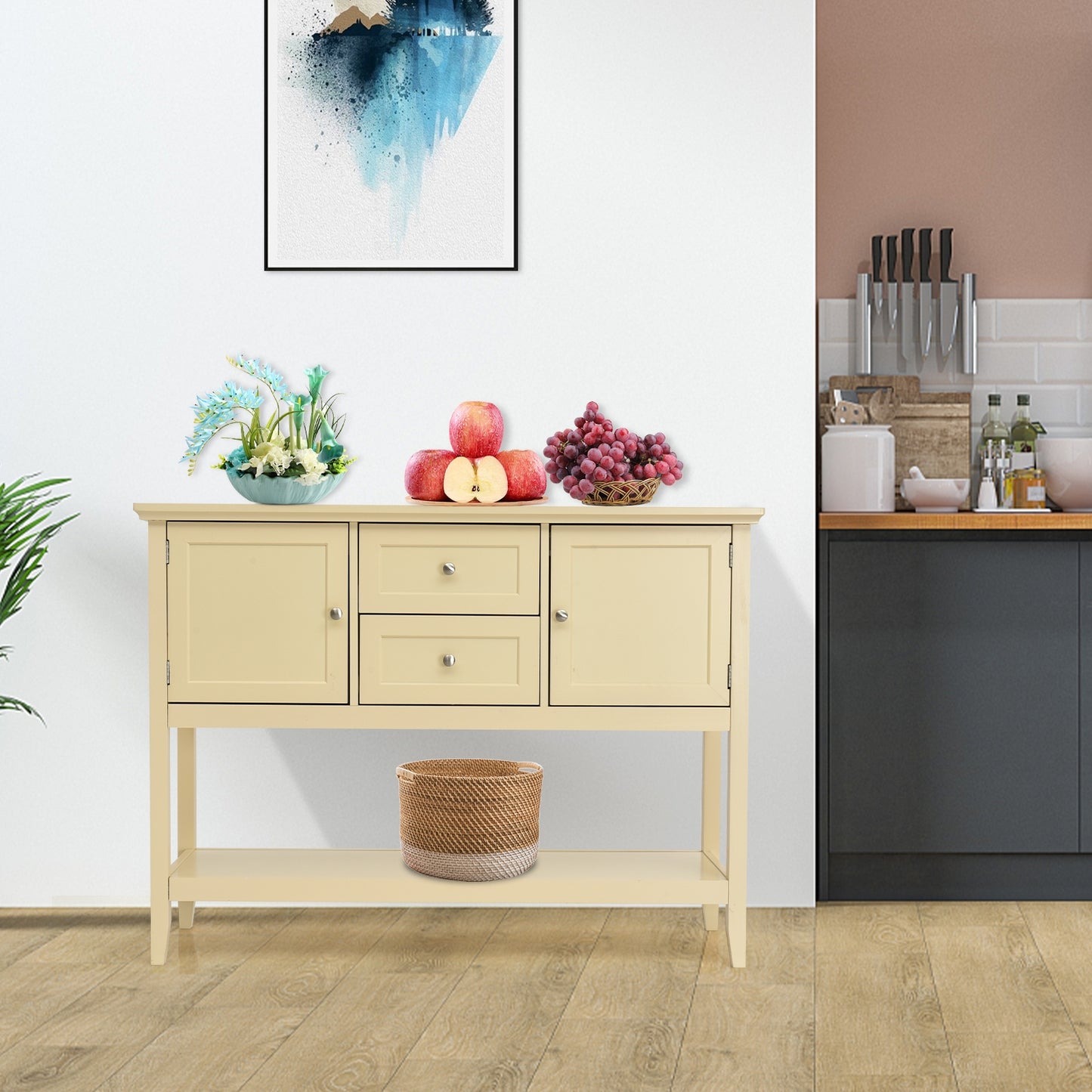 Modern Console Sideboard Table with Open Shelf and Drawers - Beige