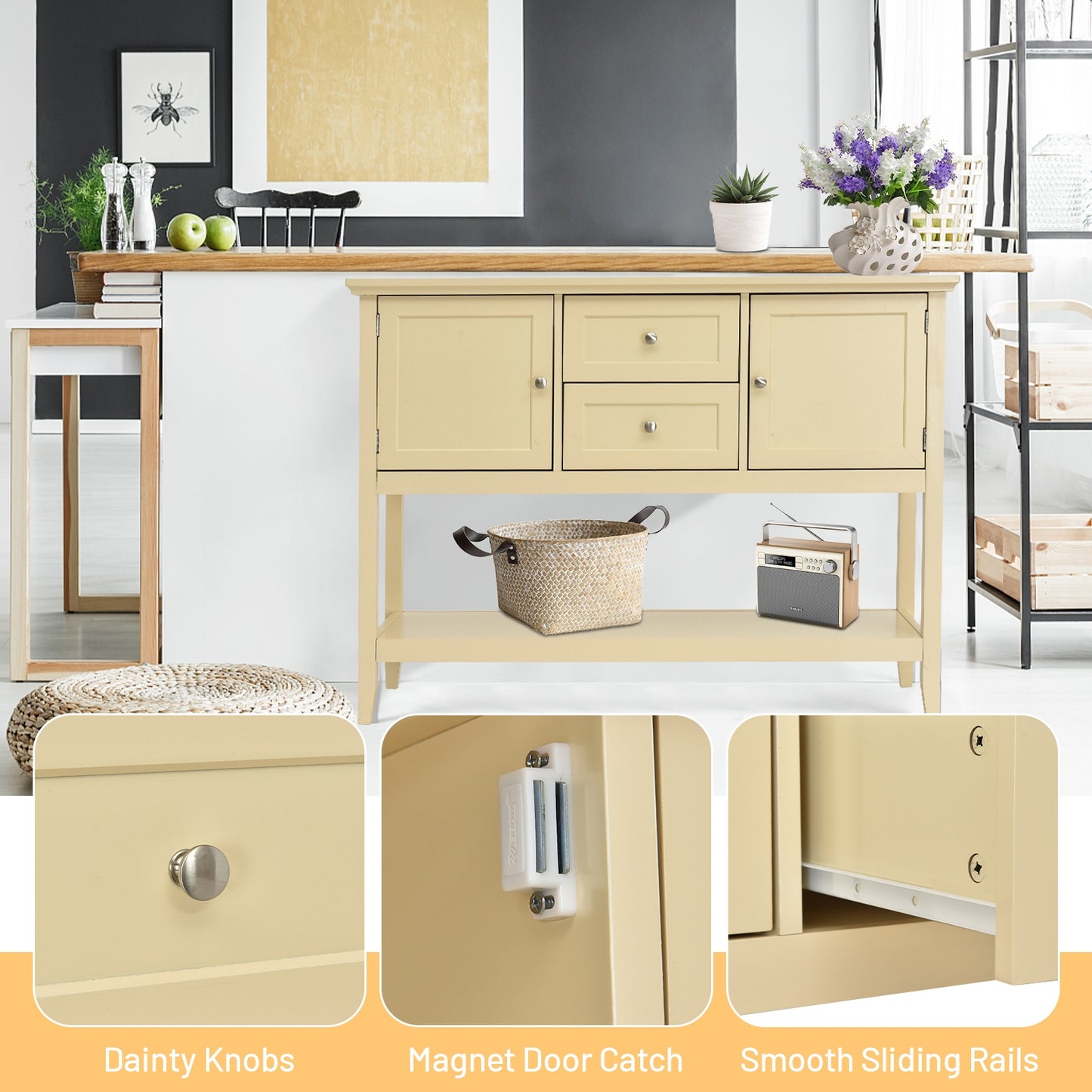 Modern Console Sideboard Table with Open Shelf and Drawers - Beige