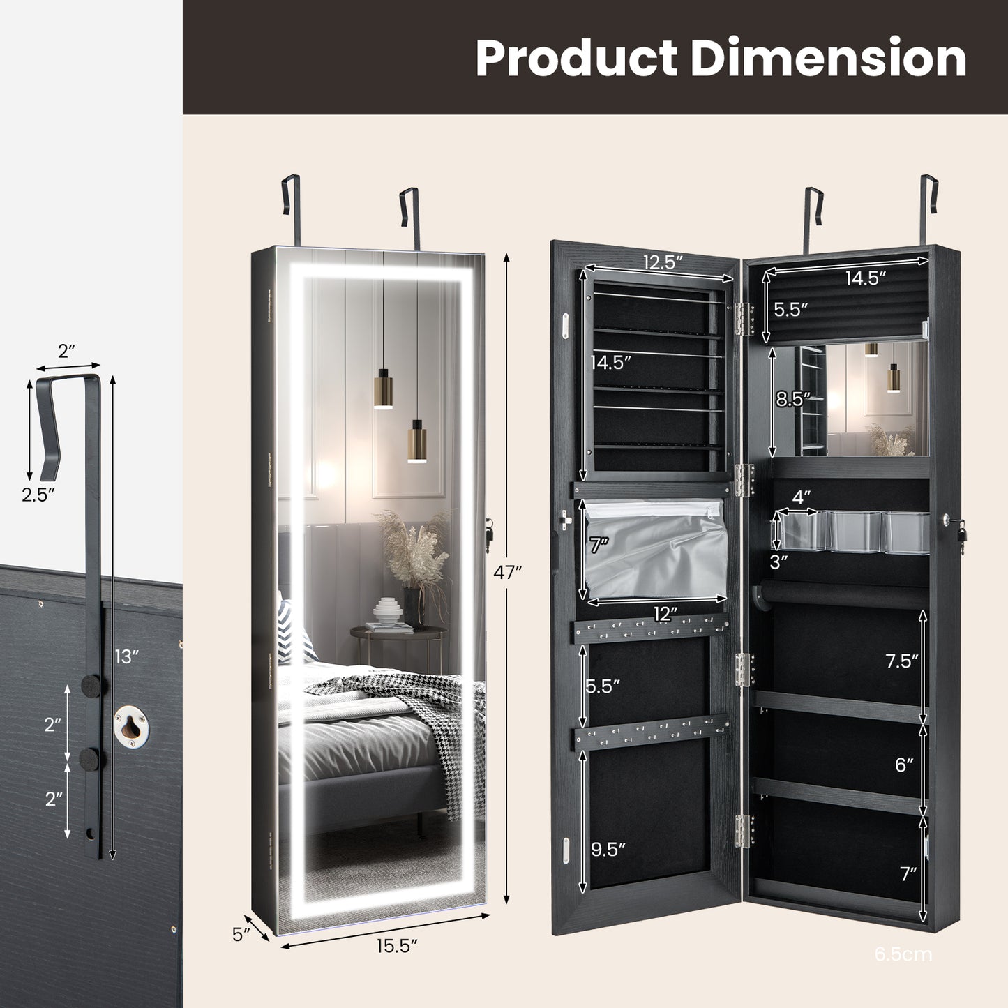 Jewelry Organizer Armoire with Full Length Mirror and Built In LED Lights Black